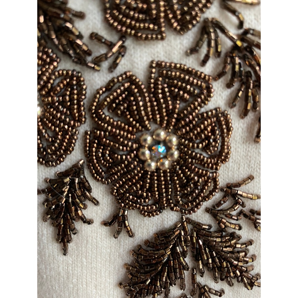 Vtg 1950s Hand Beaded Cardigan Cream Floral Bronze Glass Bead Sweater Lined 40 - Picture 12 of 14